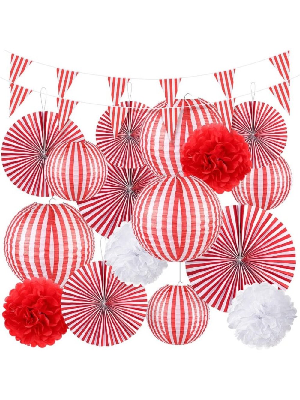 Carnival Circus Party Decor Set - 18 Pcs Red & White Striped Banner, Lanterns